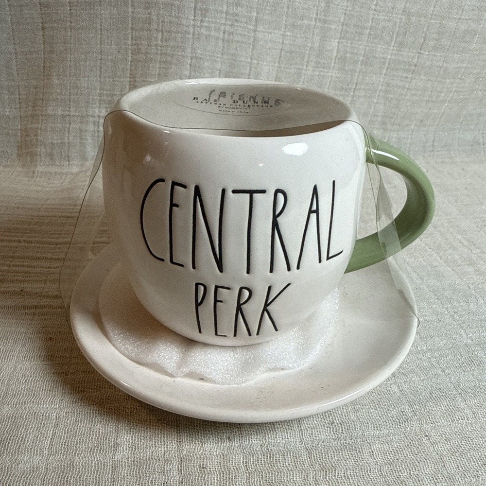 Friends Central Perk Coffee Mug Saucer Rae Dunn Magenta Ceramic White Green NEW